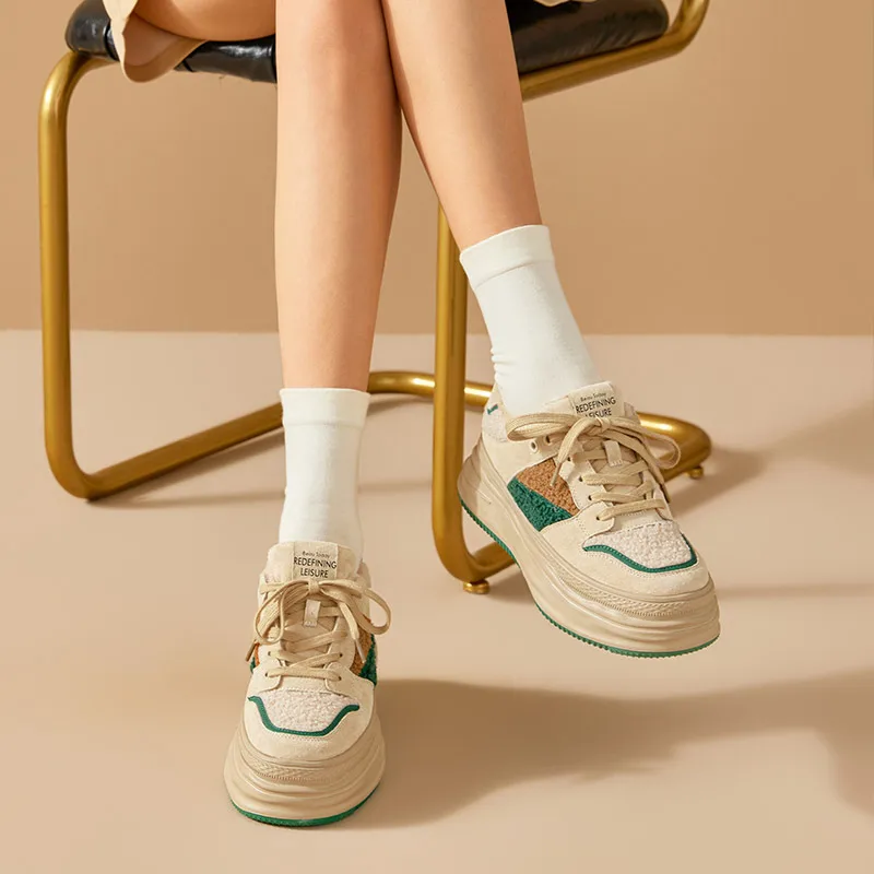 BeauToday Causal Sneakers Women Suede Leather Patchwork Cross Tied Thick Sole Winter Warm Lady Vulcanize Shoes Handmade 29197