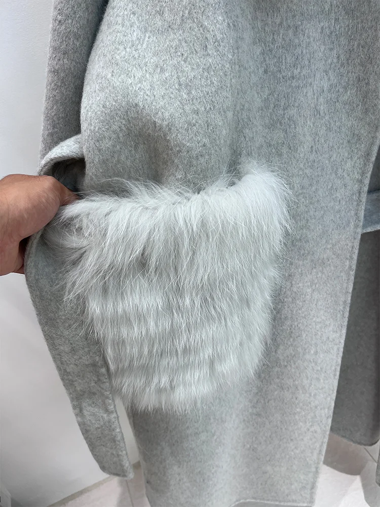 2025 nueva chaqueta de lana de Cachemira de invierno abrigo de lana con cuello de piel de zorro Natural Real prendas de vestir para mujer abrigo femenino chaqueta de lujo para mujer