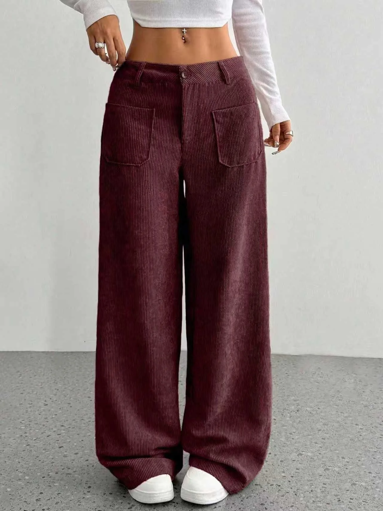 Pantaloni casual di nuova moda tinta unita larghi quotidiani comodi stile pendolarismo abbigliamento donna tasca a vita alta vestiti a gamba larga