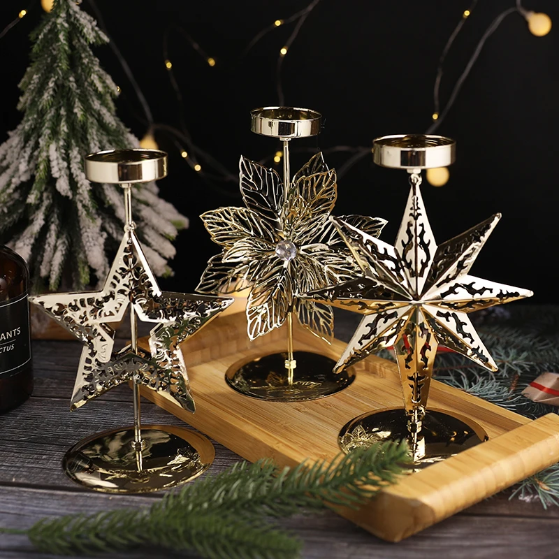 

Christmas Golden Wrought Iron Candlestick Christmas Flower Star Elk Christmas Tree Candle Holder Ornament For Home Navidad Decor