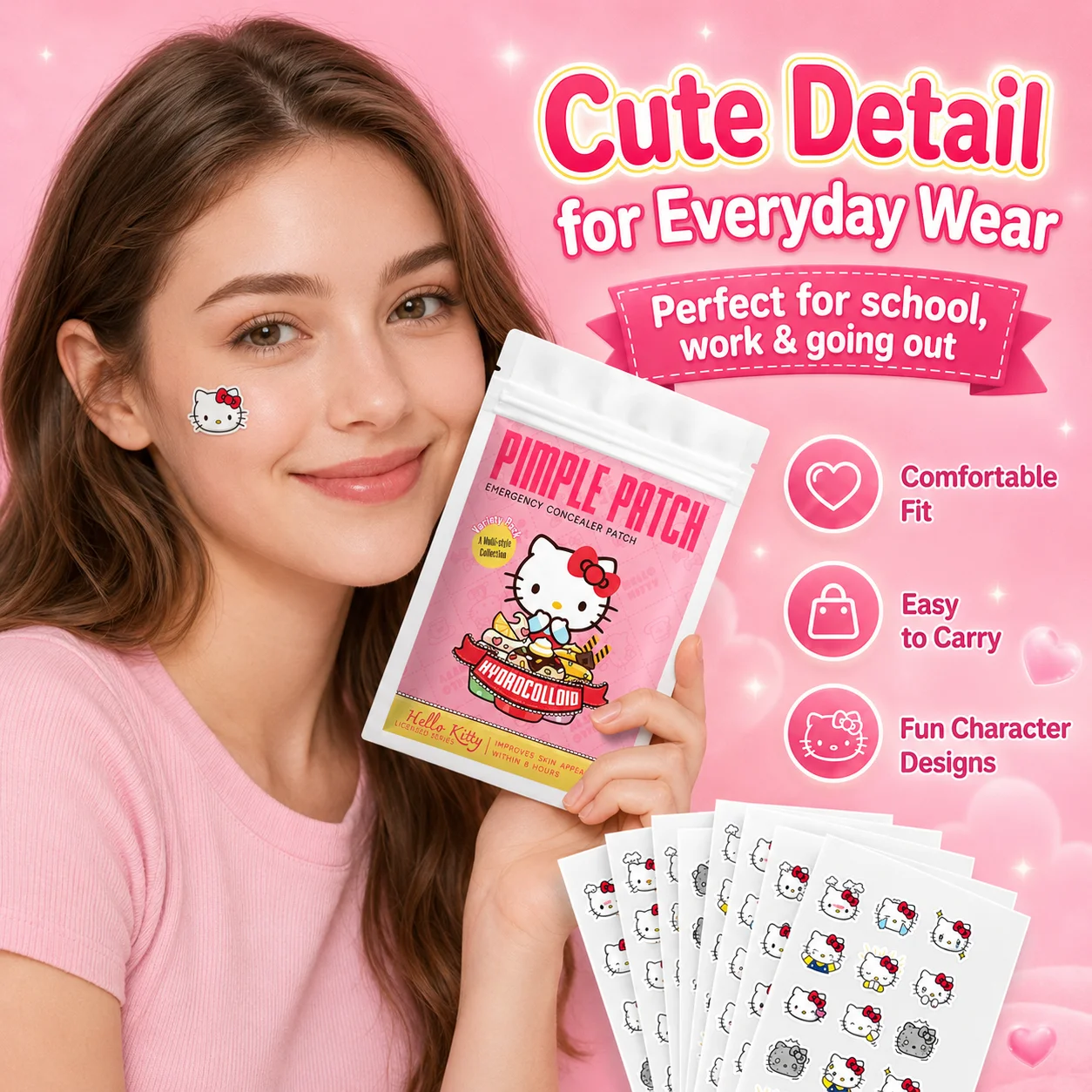 100PCS hello kitty Acne patches, facial acne patches, hydrogel acne removal patches, concealer view 5