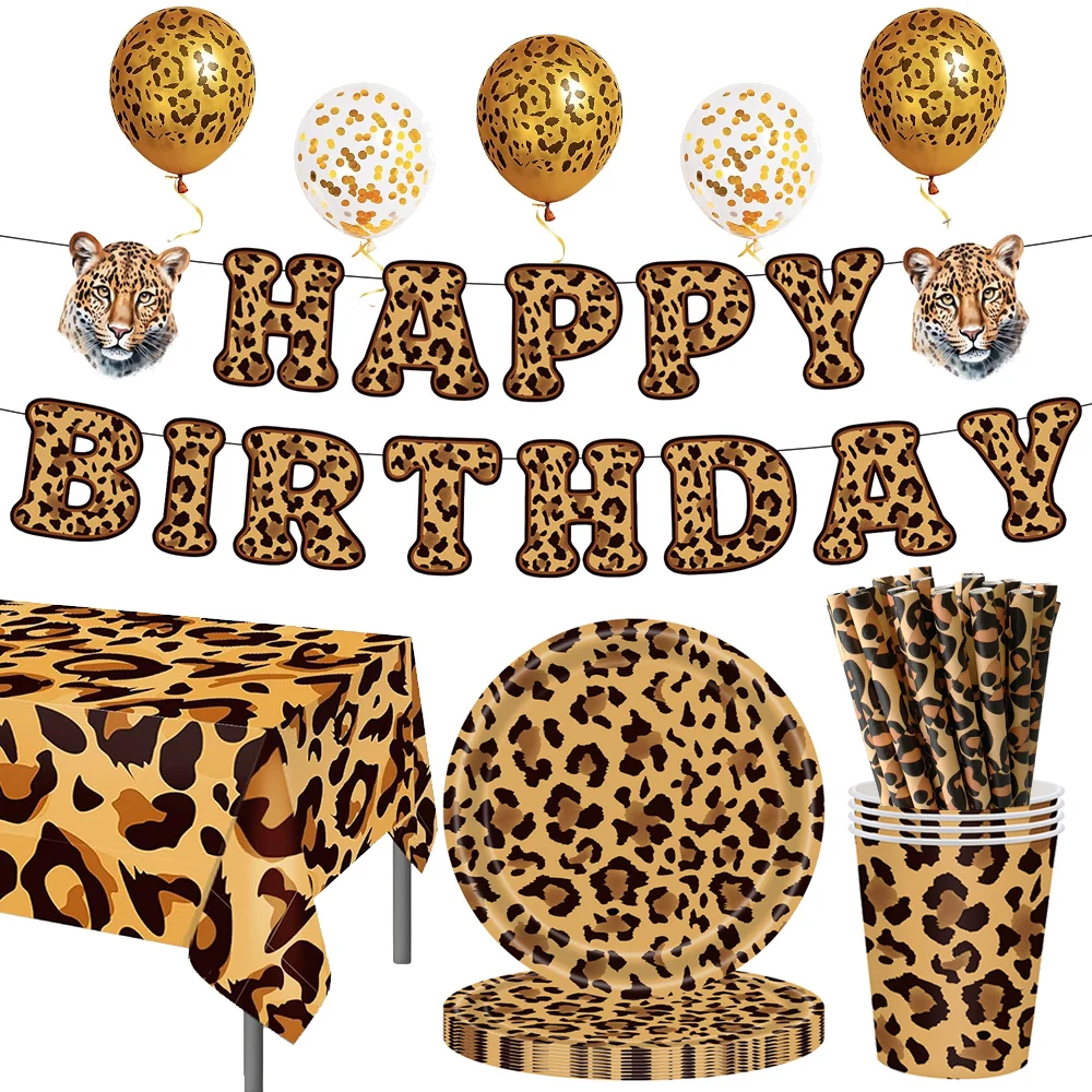 Leoparden-Geburtstagsdekoration, Leopardenmuster, alles Gute zum Geburtstag, Banner, Teller, Luftballons, Tischdecke, Geparden-Thema, Geburtstagsparty-Zubehör – Detail 1