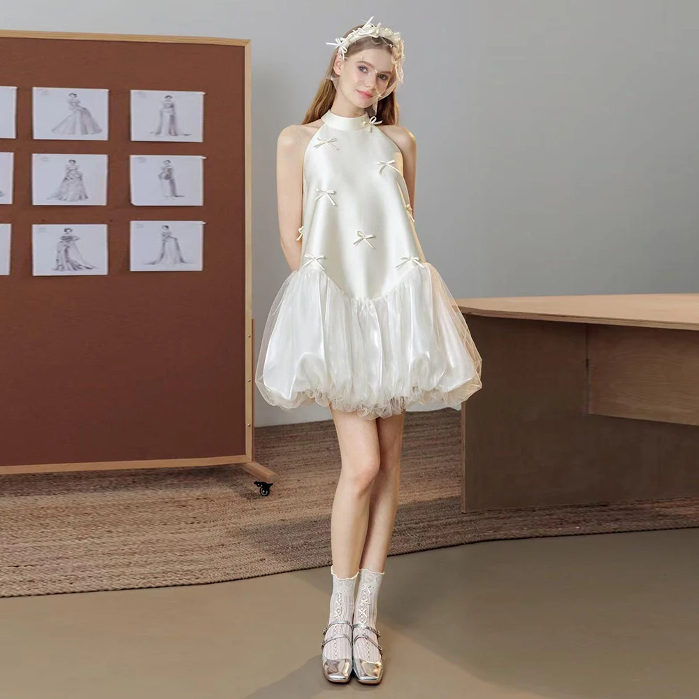 

Satin Short Wedding Dress With Bows O Neckline Sleeveless Lovely Bridal Photo Shoot Dress A Line Knee Length Simple Bridal Gown