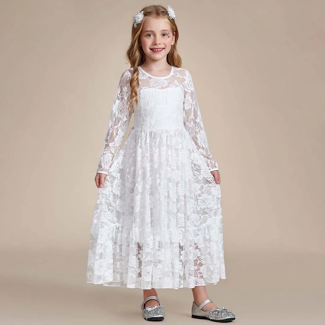 YZYmanualroom Elegant Lace Long-Sleeve Flower Girl Dress with Round Neckline 2-15T