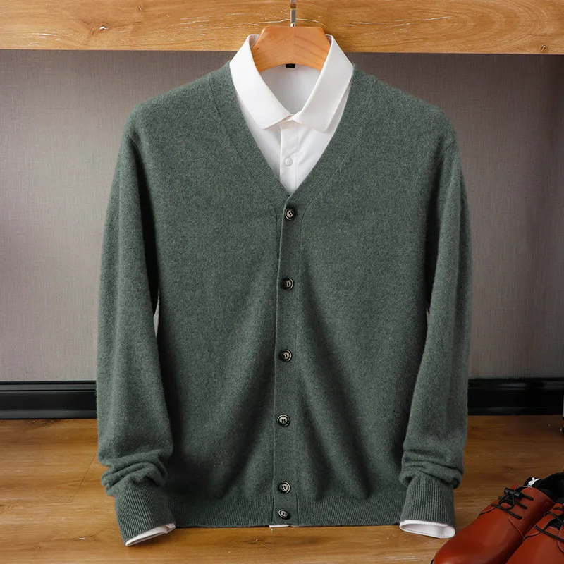 100% Wool Cardigan Men\'s New Casual Knit Jacket V-Neck Loose Large Size Top Wild Warm Shirt Spring Autumn Youth Cashmere Sweater