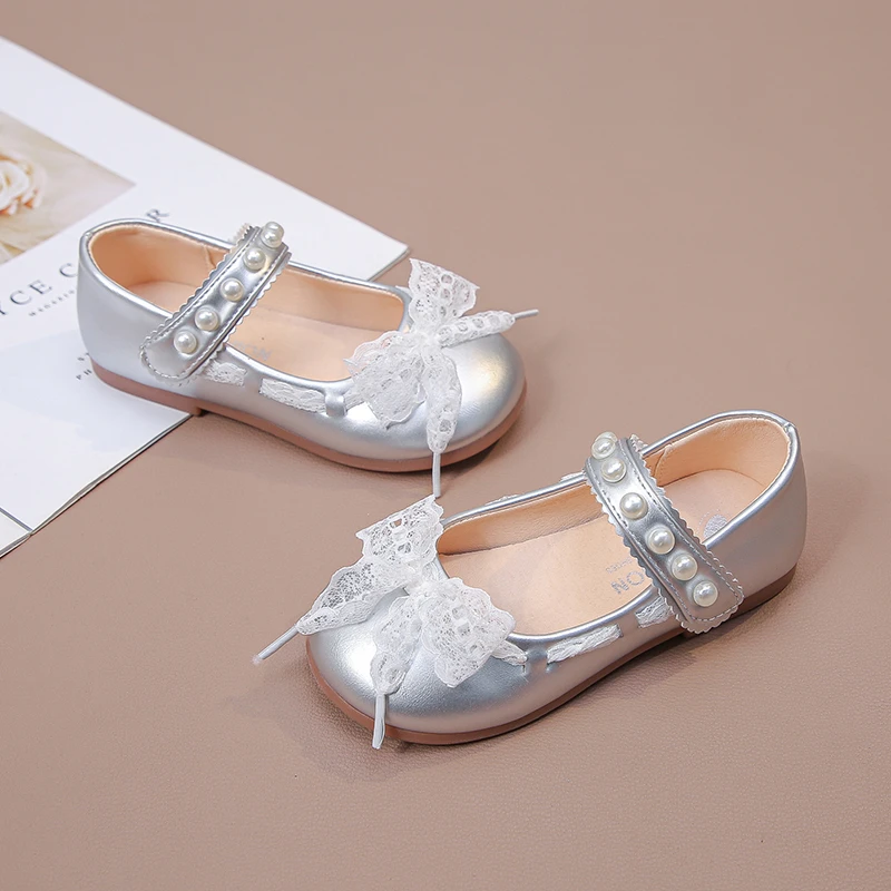 Kids Dress Leather Shoes Sweet Lace Decor Girls Perform Bow Flat Shoes Lightweight Wedding Party Children Princess School Shoes