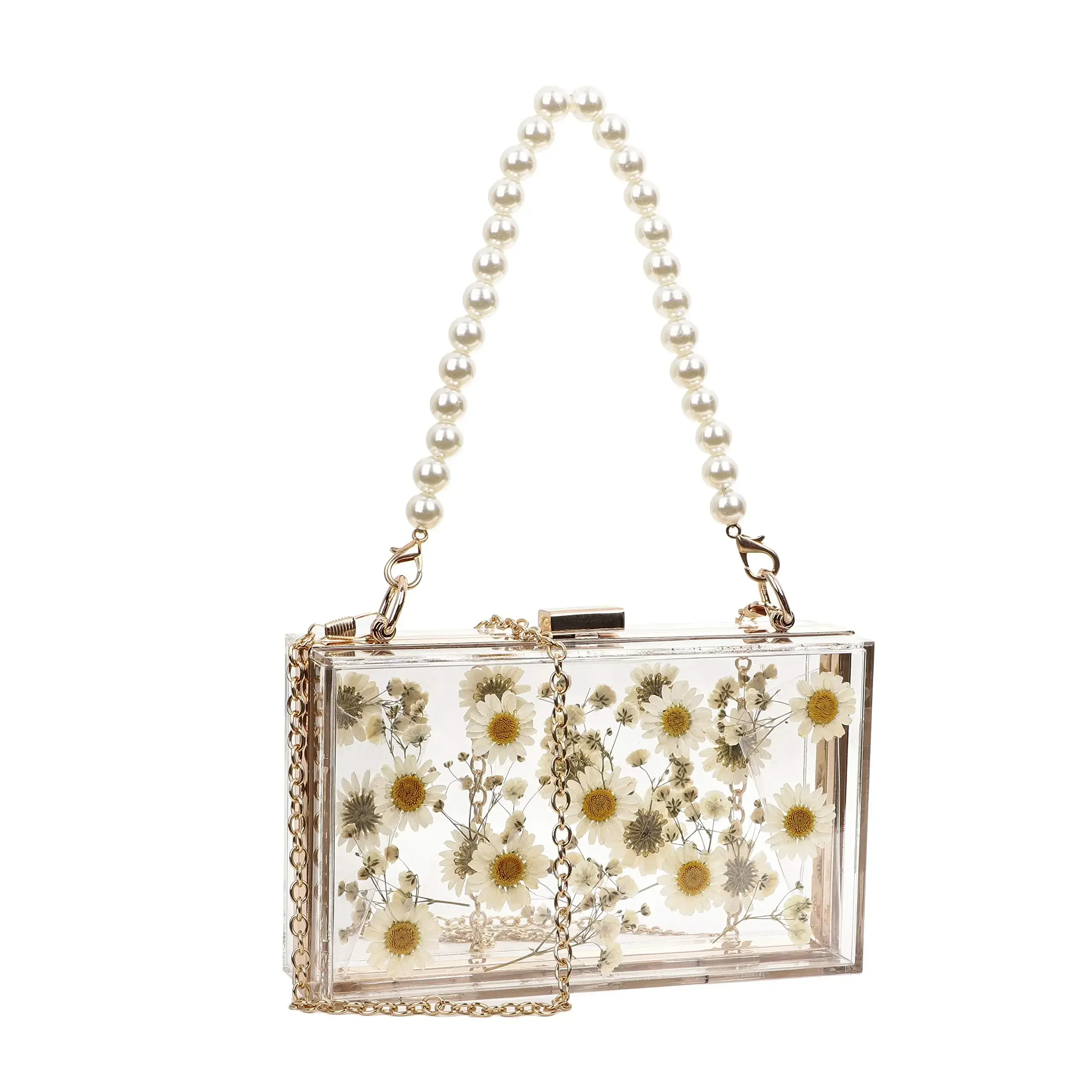 ผู้หญิงอะคริลิคใสกระเป๋าDaisy Roseโปร่งใสCrossbodyกระเป๋าPearl Chainกระเป๋าถือคลัทช์กิจกรรม