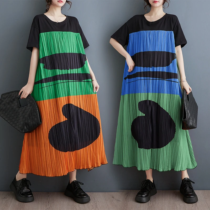 فستان صيفي جديد فضفاض بمقاس كبير مع طباعة وتصميم فني، فستان أنيق بأسلوب تنورة مميز مصنوع من مزيج البوليستر والقطن