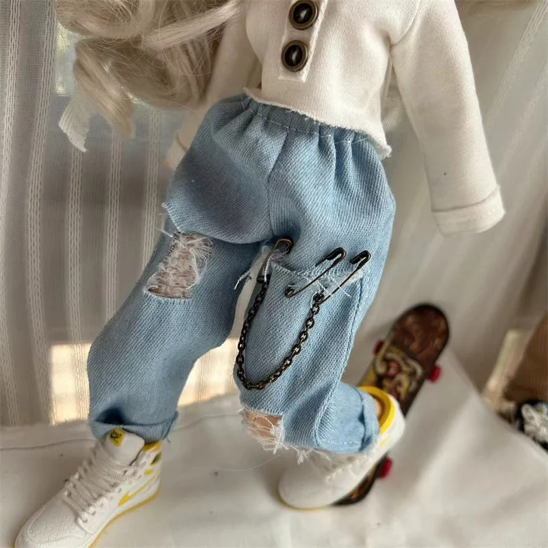 1/6 BJD Doll Clothes Accessories Fashion Casual Autumn Button Top+Ripped Chain Denim Jeans For OB22/OB24 BJD Doll Blythe Azone