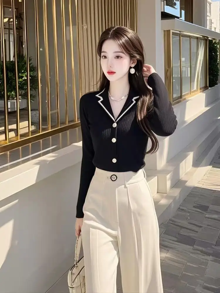 2 pçs outono novo elegante senhora do escritório outfits moda lapela lã malha cardigan + cintura alta calças de perna larga conjunto de 2 peças para mulher