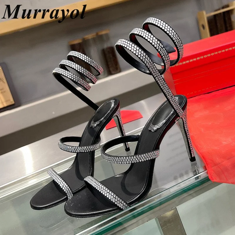 New Ankle Snake Shaped Strap Entanglement Sandals Women Rhinestone Decor Thin High Heels Sandalias Summer Dress Shoes Pumps