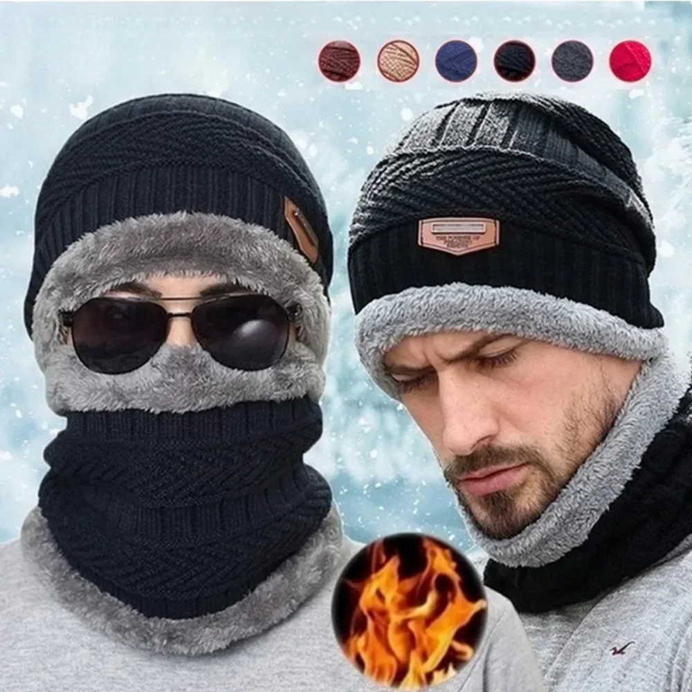 Winter Men Windproof Hat Outdoor Travel Leisure Balaclava Scarf Gloves Three-Piece Thick Cashmere Warm Knitted Hat Neck Protect