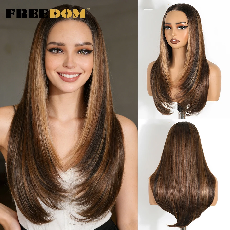 

Синтетические парики с кружевной передней частью FREEDOM 9x6 для женщин, прямые, многослойные, 24 дюйма, омбре, коричнево-русые, готовые к носке.
