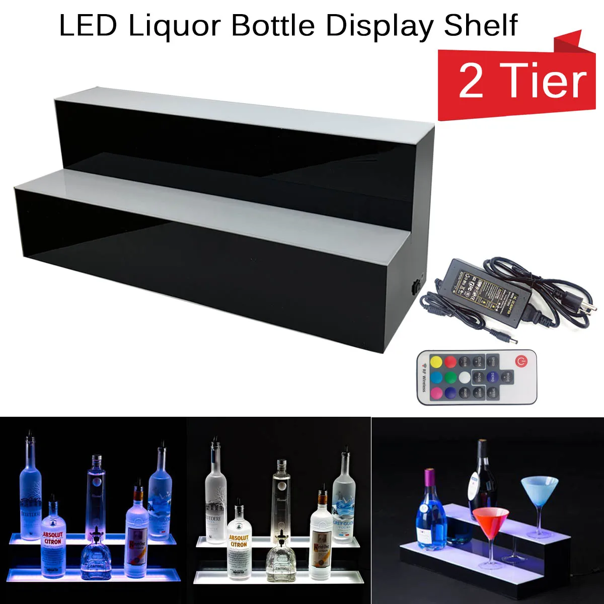 Estante de exhibición LED de 31" con soporte de exhibición de botellas de licor LED de 7 colores preestablecidos de 2/3/4 pasos