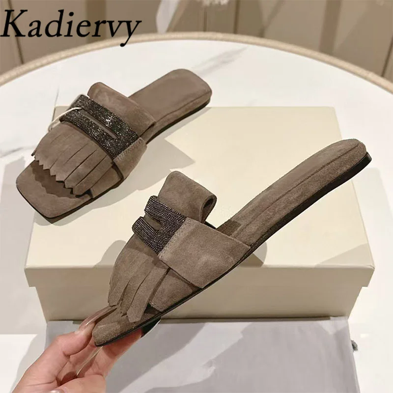 

2025 New Slippers Woman Cow Suede Summer Shoes Women Chain String Bead Fringe Slides Street Style Flat Slippers Women