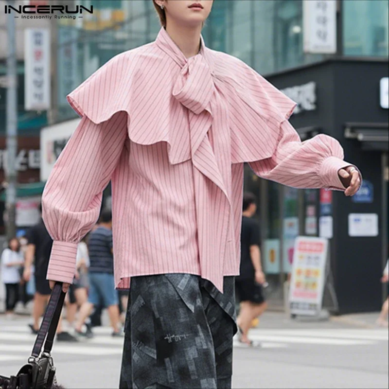 

INCERUN Men Striped Shirt Ruffle Long Sleeve Loose Casual Men Clothing Spring Lace Up Streetwear 2026 Fashion Tops Male Shirts