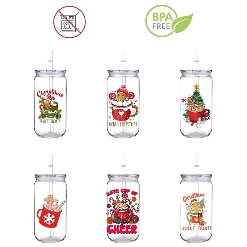 DIY 3D Christmas Gingerbread Man Printed Transfer PET Plastic Straw Cup 16 OZ Comes With Straw And Cup Lid