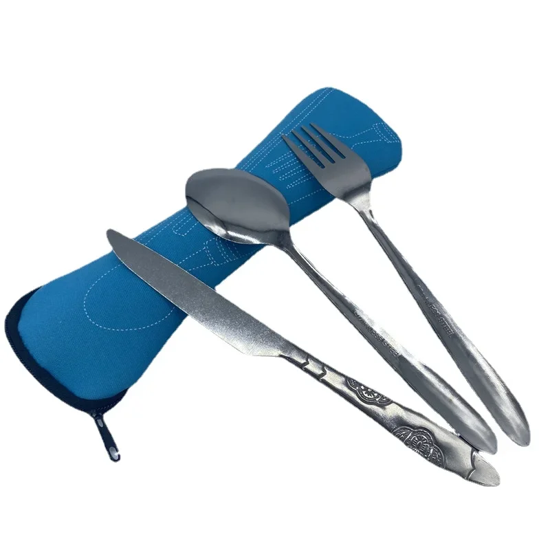 Stainless Steel Printed Tableware Set 3pcs/7pcs Spoon Fork Steak Knife Portable Travel Cutlery With Carry Bag Camping Supplies
