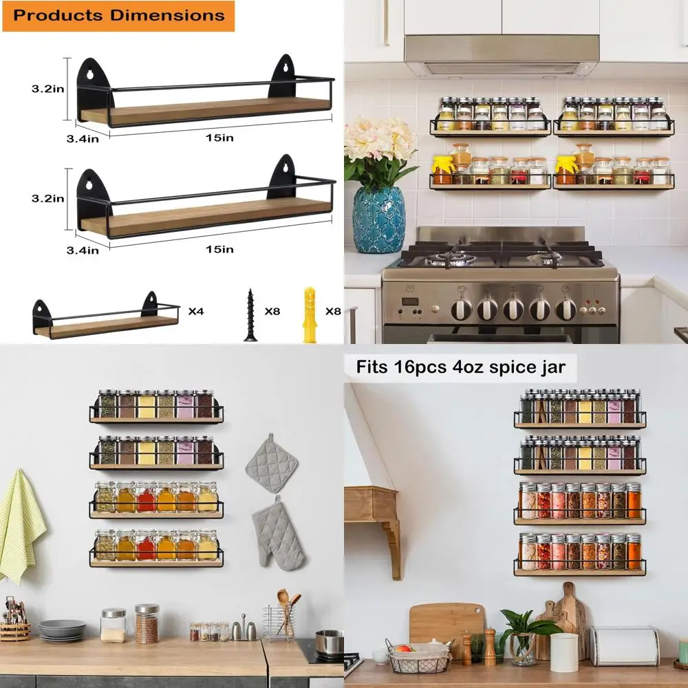 

Rustic Wall-Mounted Spice Rack Organizer, Black, for Kitchen Storage