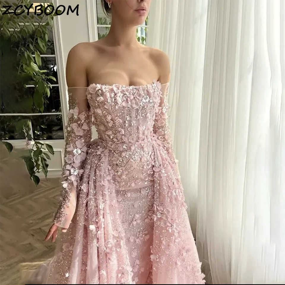 Customized Elegant Pink Off The Shoulder Lace Appliques Mermaid Gala Wedding Dresses Backless Detachable Train Tulle Bridal Gown