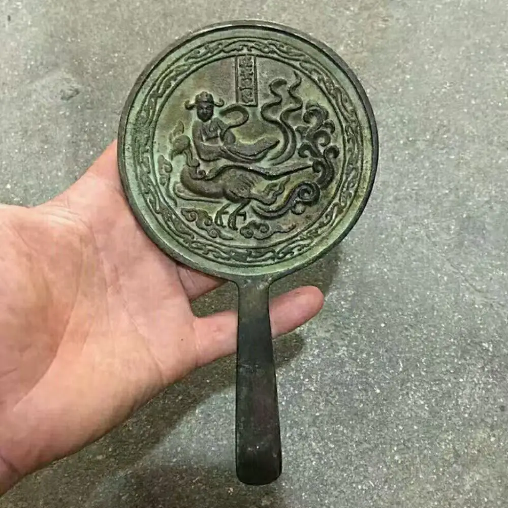 

Old Rare Antique Copper Mirror Ornaments for Home Office Decorations Vintage Fairy Crane Craved Crafts TV Film Props Feng Shui