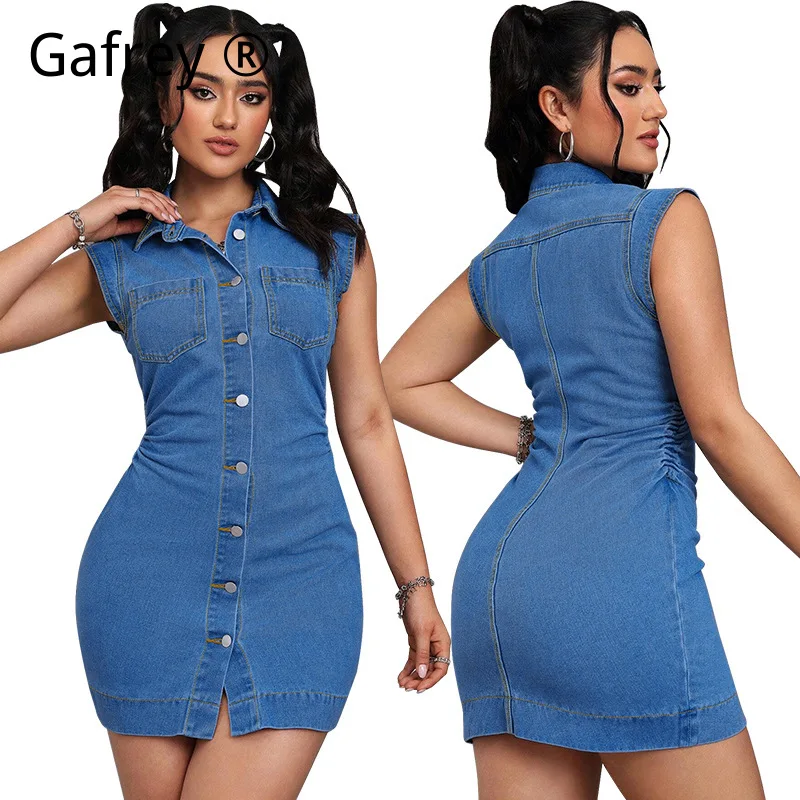 

Women New Denim Cardigan Dress Sleeveless Lapel Waist Tie Slim Fit A Line Midi Dress Casual Fashion Streetwear Dresses