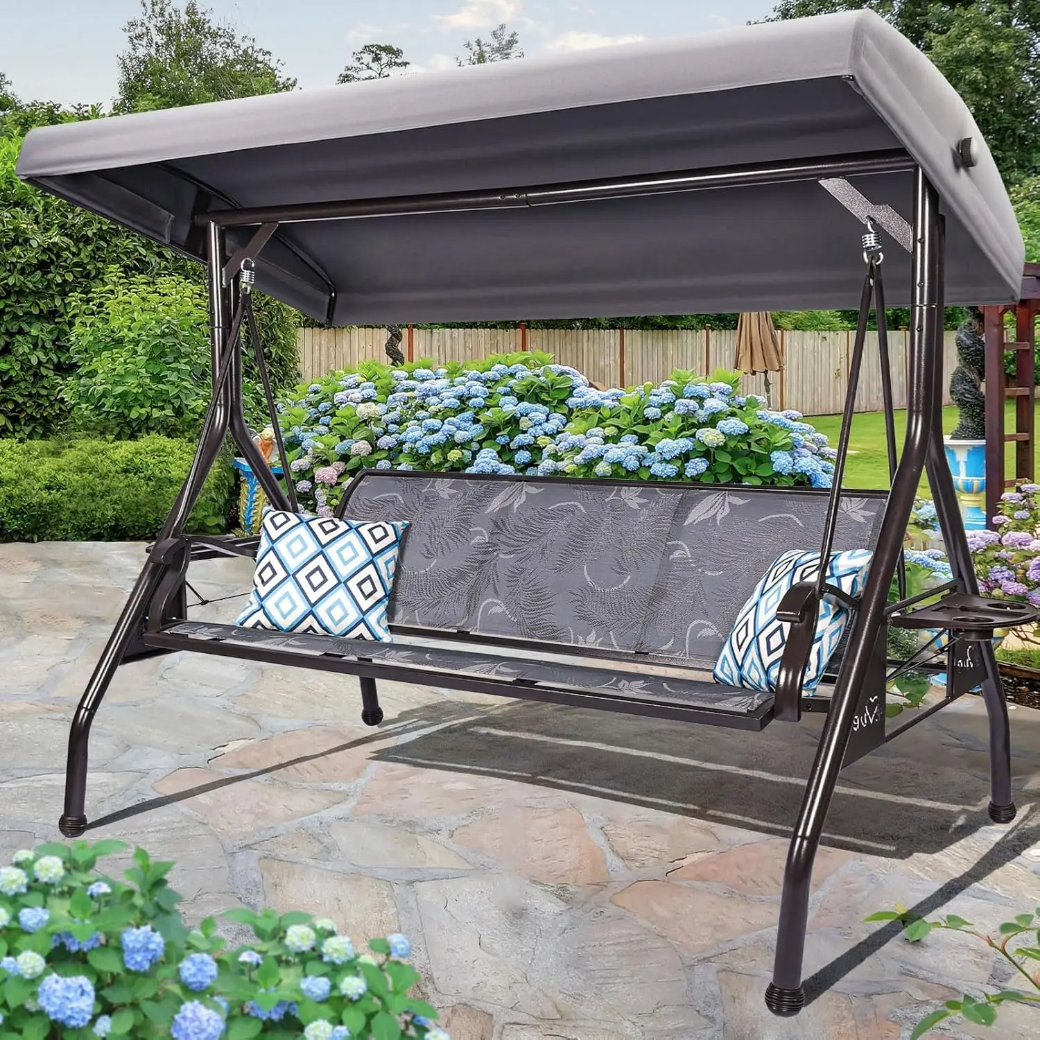 

3 Person Patio Swing Outdoor Swing for Adults with Adjustable Canopy &Upgraded Cup Holders Textilene Fabric Porch Swing Chair