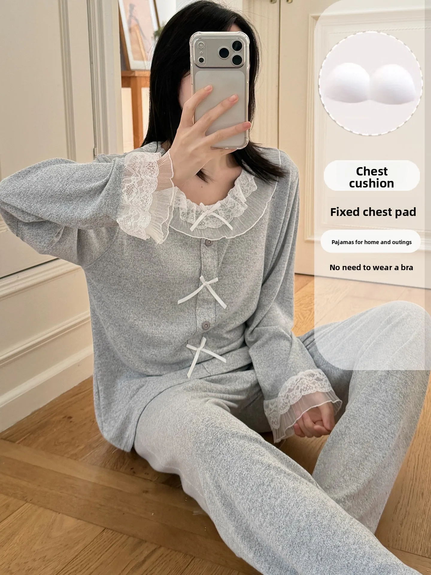 

Женский комплект домашней одежды с длинным рукавом, круглым вырезом, мягкой подкладкой и кружевной отделкой, из мягкого хлопка, для весны и осени