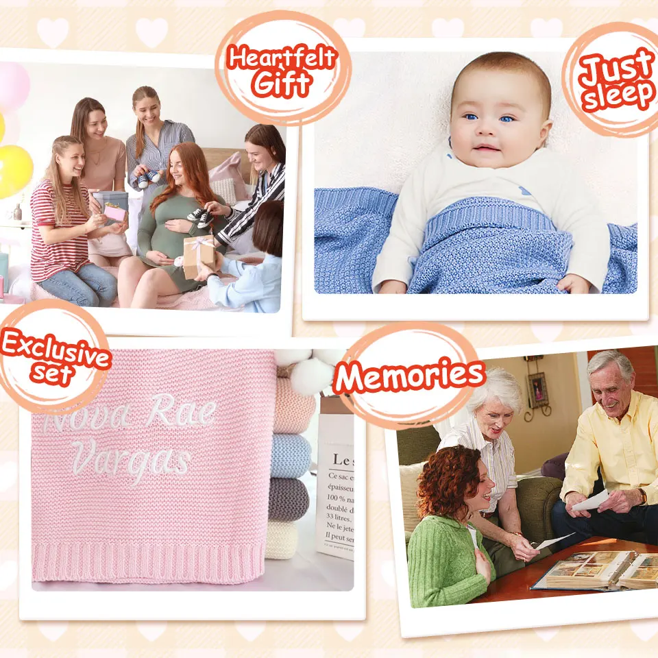 100% Baumwoll-Strickdecke für Babys, personalisierbar mit Namen, weiche, atmungsaktive Puckdecke für Säuglinge, individuelle Neugeborenen-Wickeldecke, Geschenk – Detail 4