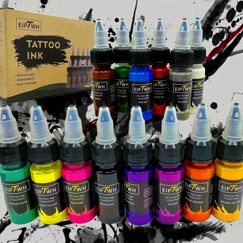 Imagen 1 del producto Tinta de tatuaje profesional: dinámica multicolor (14 colores) y colores vibrantes en botellas de 0,5 oz (15 ml) para artistas de tatuajes