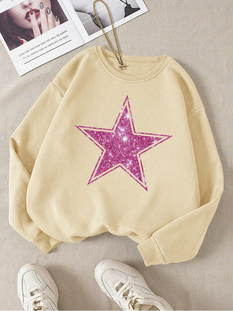 Pink Five-Pointed Star Print Sweatshirt Female Fashion Fleece Warm Hoody Autumn Crewneck Hoodies Casual Retro Sportswear Women