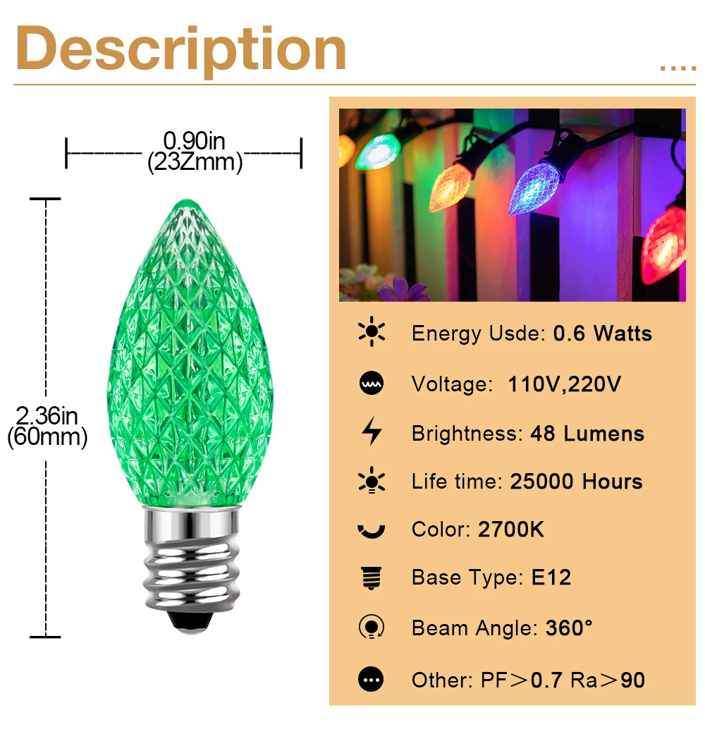 Multicolor C7 LED Light Bulbs 0.6W E12 Garden Decoration Night Lights Vintage Candle Lamps for C7 Outdoor String Lights