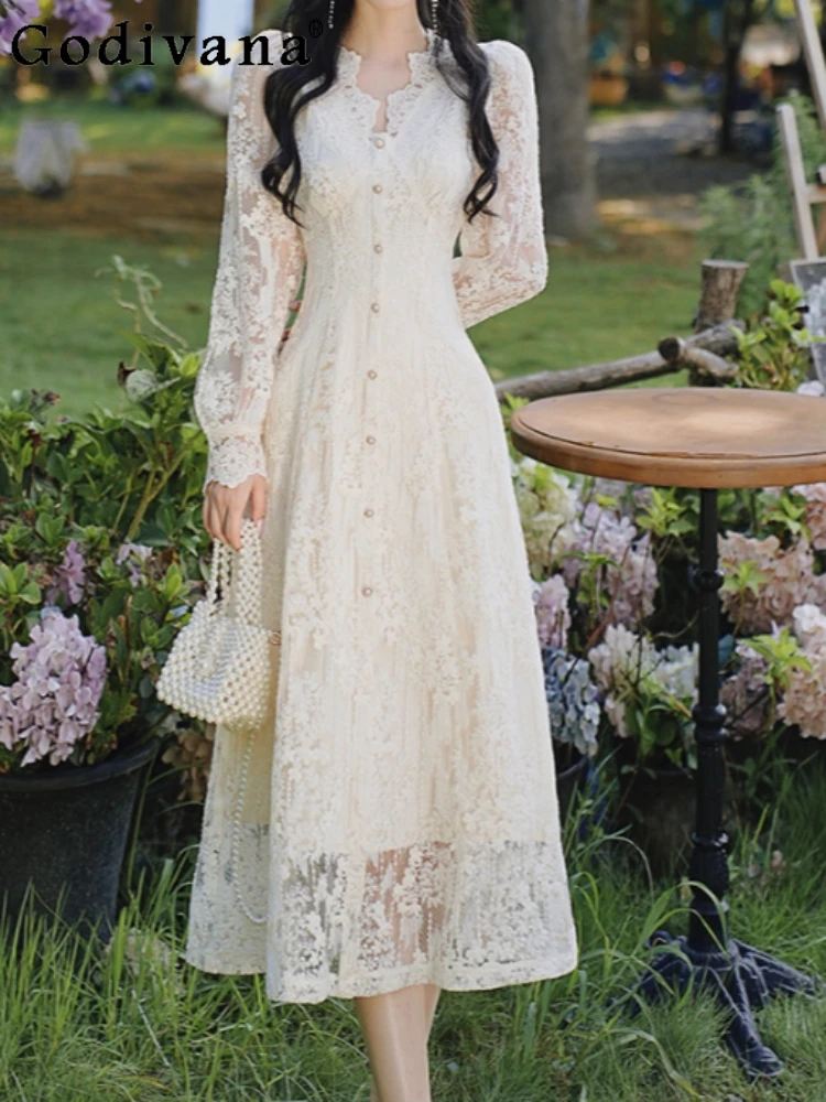 

French Temperament V-neck Lace Elegant Gauze Long-sleeved Banquet Dress Sweet Girl High Waist Fashion A-line Fairy Dresses