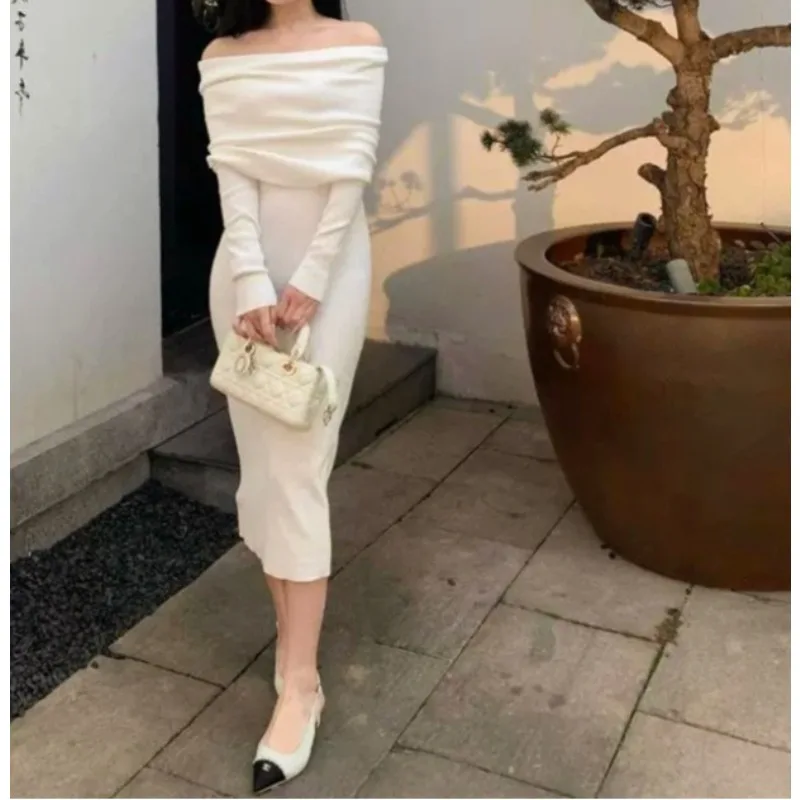 

Сексуальное серое трикотажное платье из пряжи на одно плечо, женская легкая длинная юбка во французском стиле, облегающая бедра