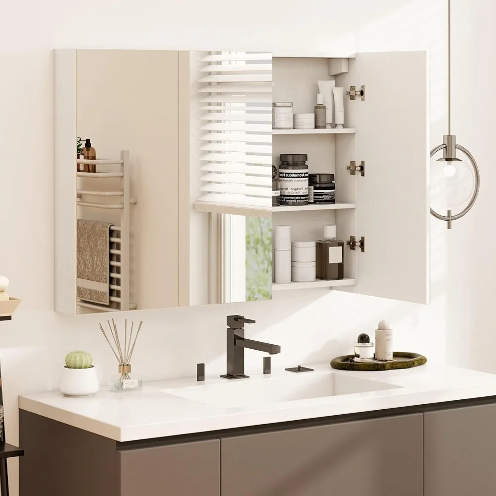 

Medicine Cabinet with 3 Mirrored Doors, Modern Frameless Bathroom Mirror with Storage, 34.5’’ x 25.5’’ Surface, Reces
