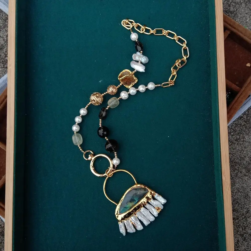 Y·YING White Pearl Citrine Smoky Quartz Necklace with Real Big Labradorite Biwa Pearl Pendant - Cultured Chain Jewelry