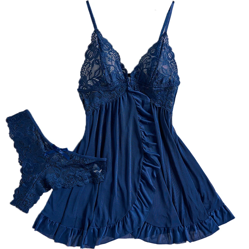 

Blue Lace Transparent Deep V Bra Pajamas Sexy Lingerie For Women Babydolls Dress Sleepwear Set Erotic Underwear Exotic Costumes