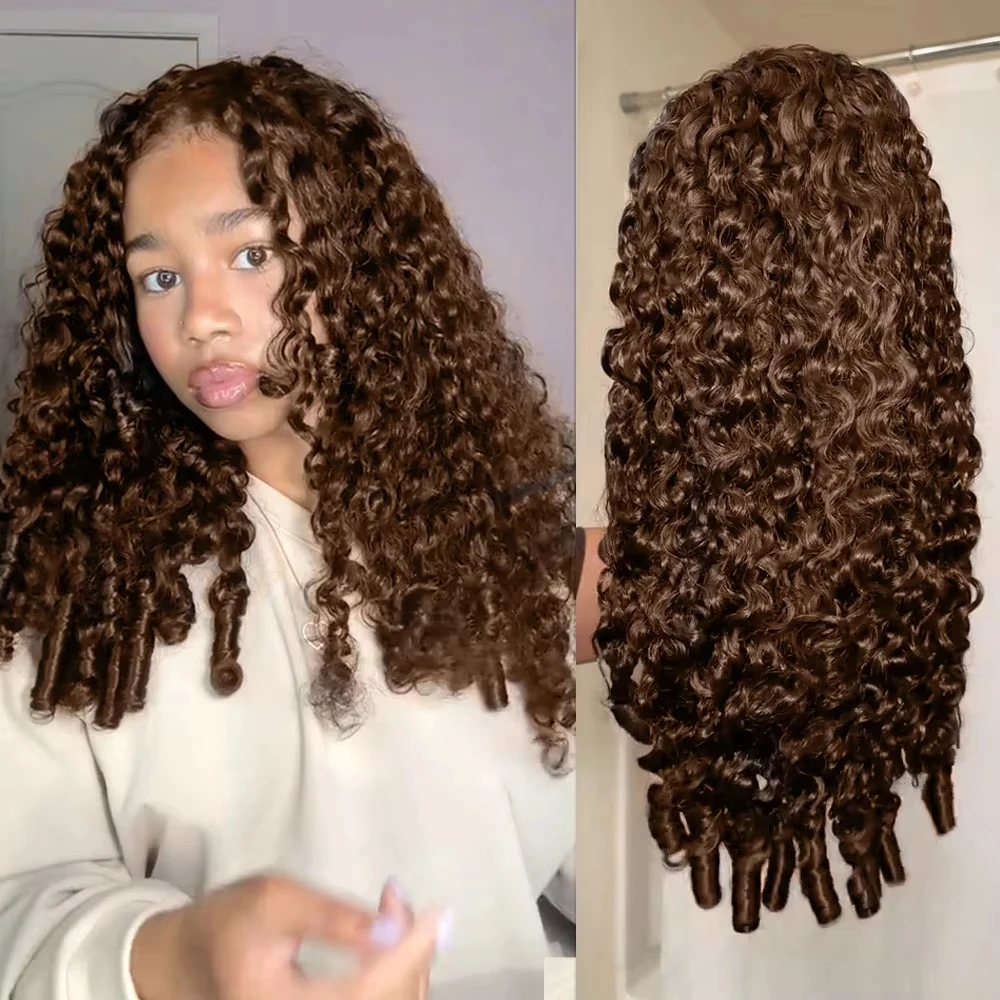 4# Chocolate Brown Burmese Curly Half Wig Human Hair Glueless 3-in-1 Style Flip over Human Hair Drawstring Wig for Wome