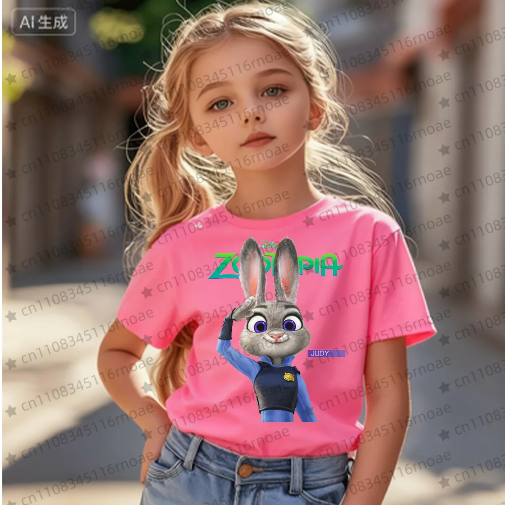 ديزني Zootopia 2 الأطفال قصيرة الأكمام تي شيرت أزياء لطيف الأرنب والثعلب الكرتون تصميم الفتيات والفتيان الملابس