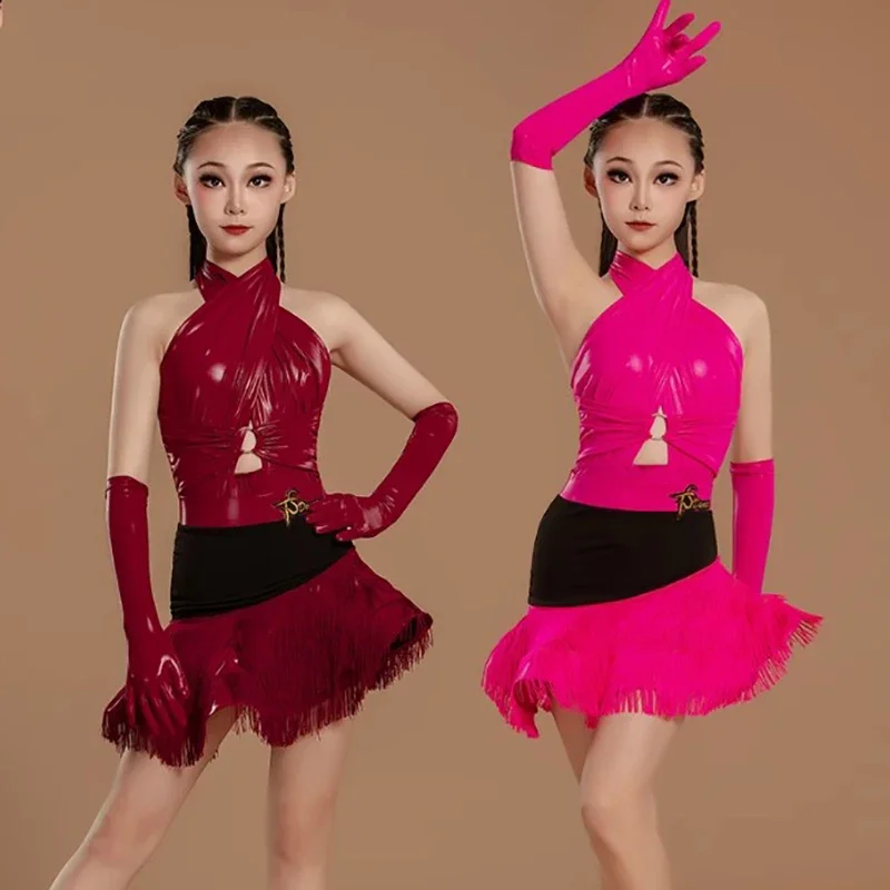 

Платье для соревнований по латинским танцам для девочек, женское бордовое ярко-розовое платье с бахромой, танцевальный костюм для ча-ча, румбы, самбы