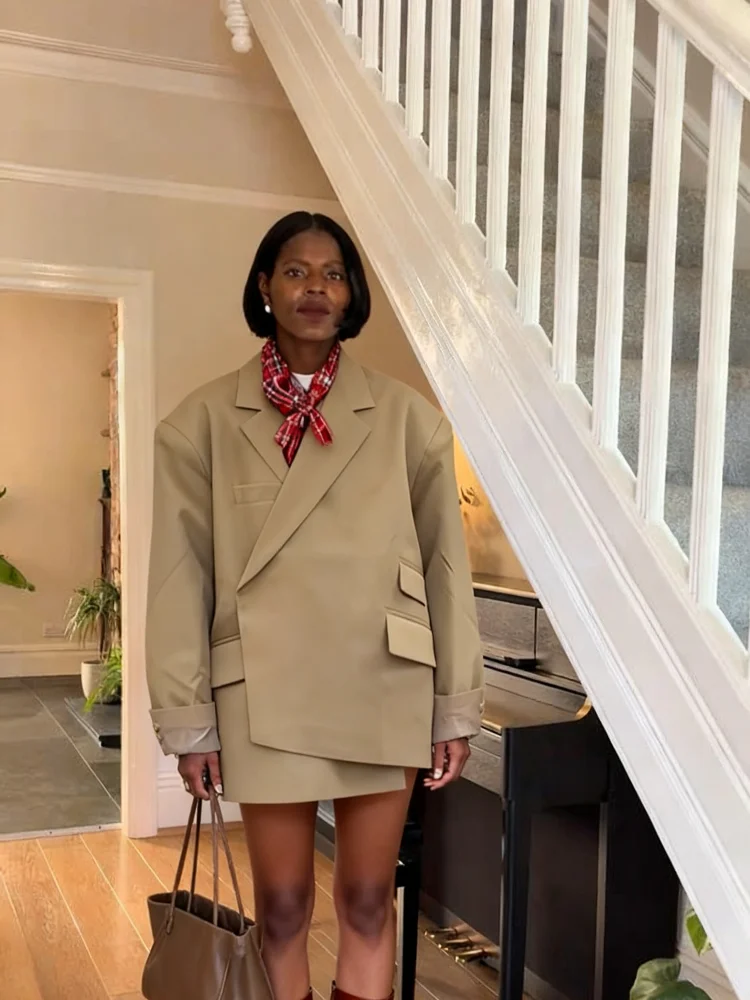 

Модный однотонный свободный блейзер с лацканами и скрытой пряжкой, женский элегантный пиджак с боковым разрезом и длинными рукавами, куртка 2025 г., женская уличная верхняя одежда