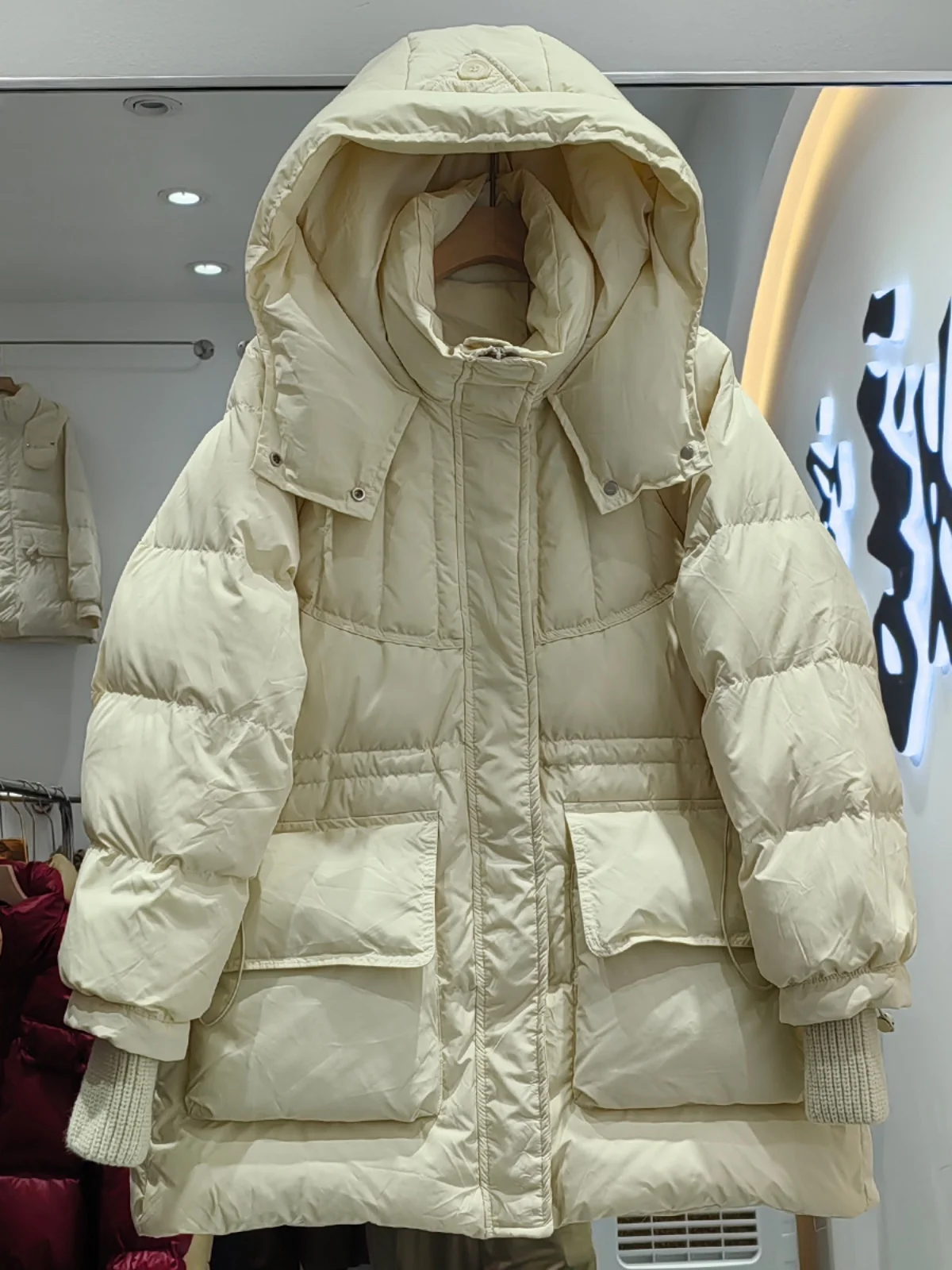 2024 Winter New Female Down Jackets Women\'s Hooded Medium Long Knitted Sleeves Drawstring Waist Thickened White Duck Down Jacket