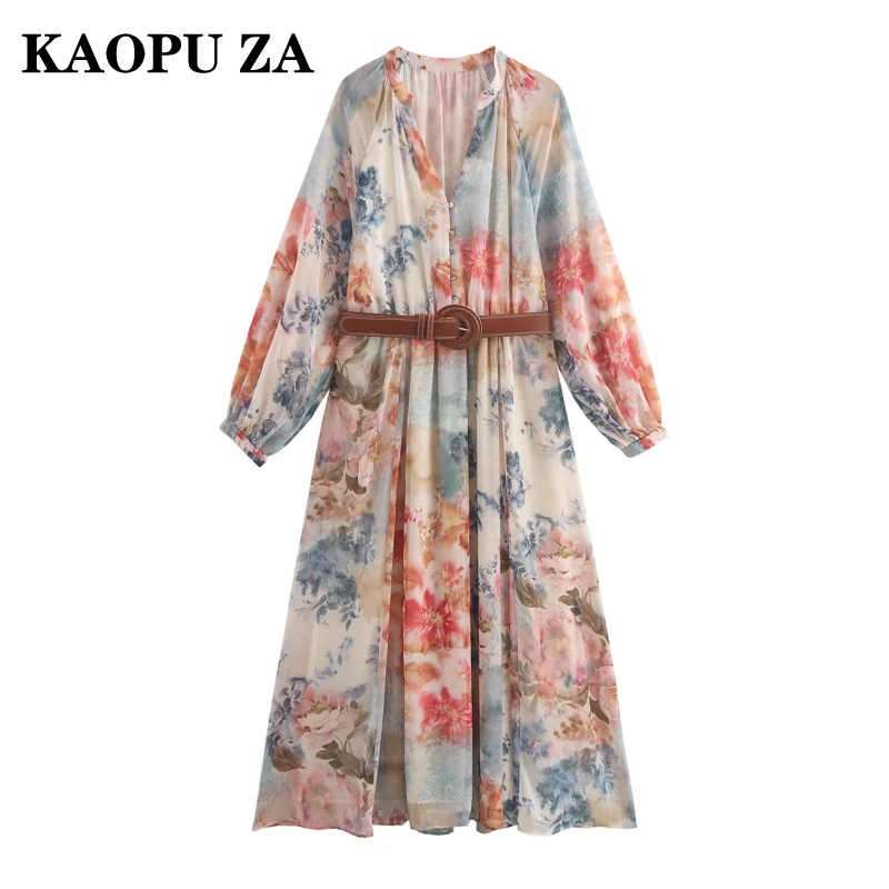 

KAOPU ZA 2024 New Autumn Women's Temperament V-neck Lace Bubble Sleeve Printed Dress Sexy Slim Fit Irregular Fashion Maxi Dress