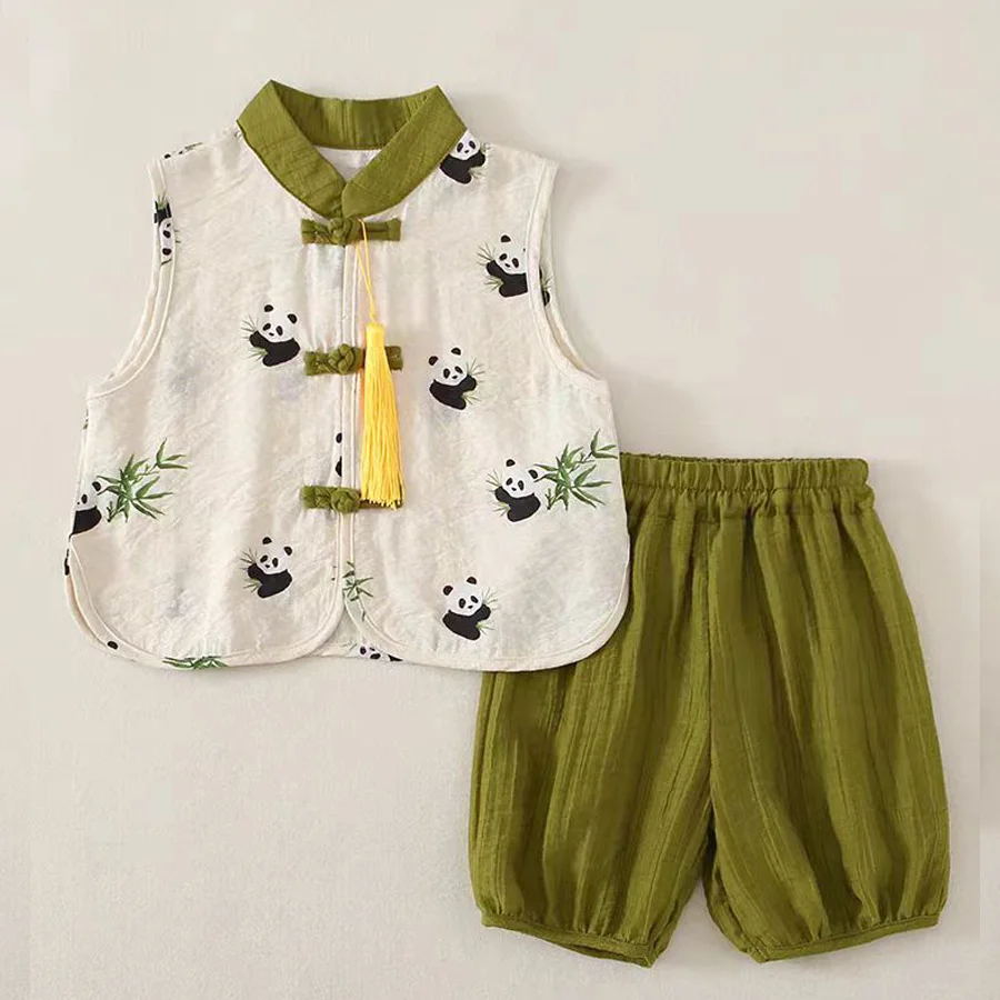 Two piece children clothing summer boys and girls 2024 fashion casual print panda sleeveless polo shirt T-shirt top+shorts set