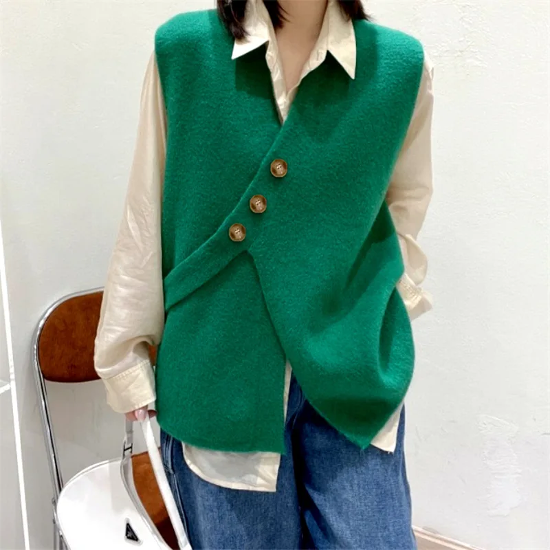 

New 2024 Chic Korean New Fashion Elegant Irregular Waistcoat Knitted V-Neck Vintage Women Autumn And Winter Sweaters Vests R208