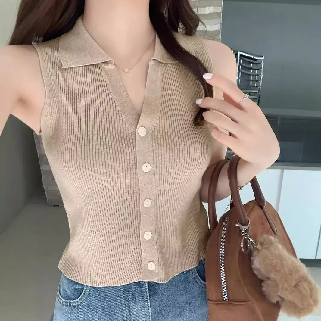 

Lapel Ice Silk Slim Fit Tank Top for Women Summer Breezy Knit Sleeveless Vest Casual Outwear Cute Daily Wear