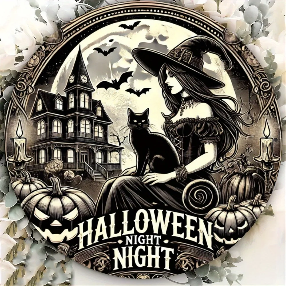

Round Aluminum Metal Sign - Halloween Witch with Black Cat & Haunted House Design, HD Decor for Home, Cafe, Garage, Porch, Patio