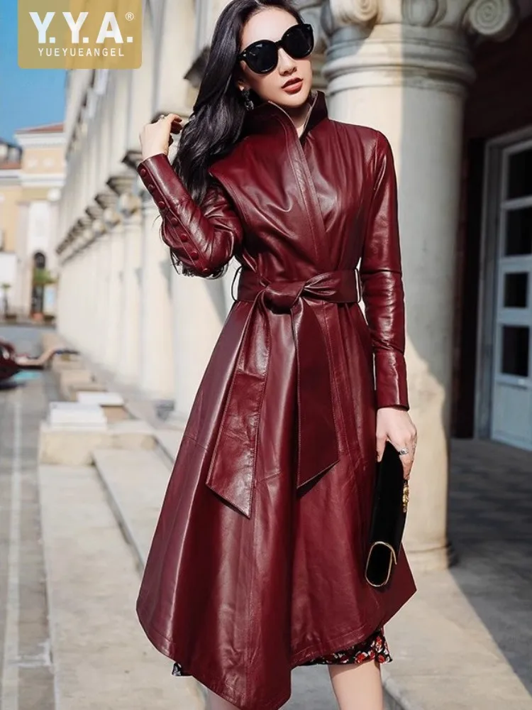 Autumn Winter Women Genuine Leather Long Coat Fashion Asymmetrical Windbreaker Jacket Slim Fit Elegant Real Sheepskin Overcoat