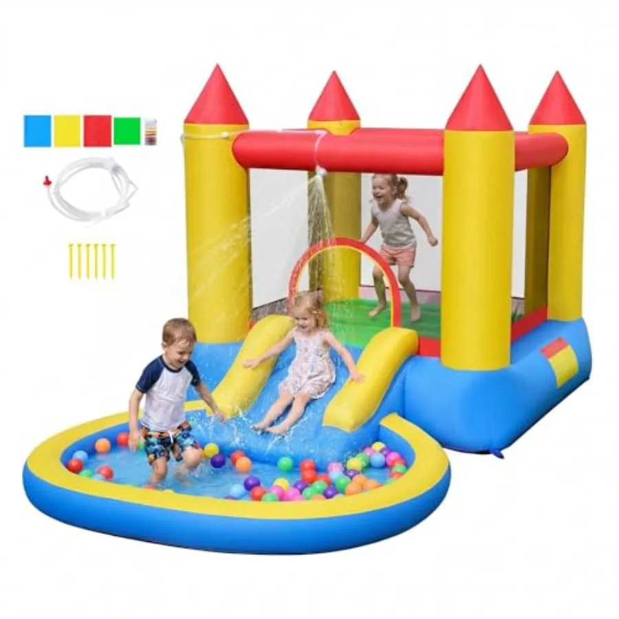Inflatable Bounce House with Slide 2-in-1 Jumping Castle with Water Pool Ball Pit for Littles Backyard Fun Wet Dry Water Bounce