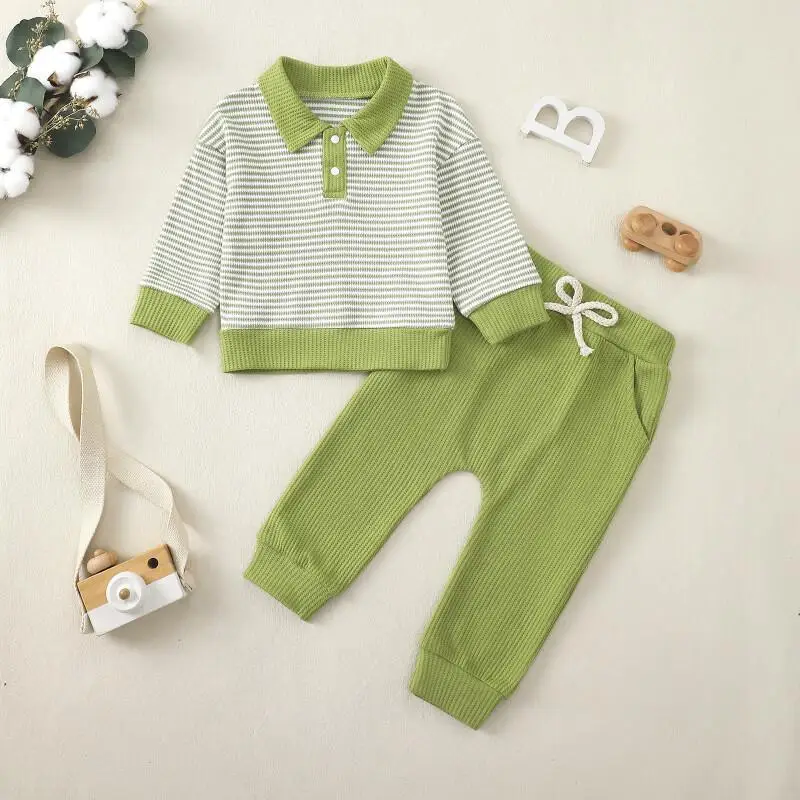 

Baby Boys Girls Long Sleeved Tops and Pants Set Spring Autumn Winter Striped Pullover Pure Color Trousers Comfortable Fashion